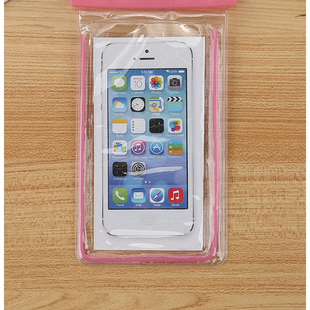 Husa subacvatica Fosforescenta Waterproof, Snowproof, Lumineaza in intuneric, Universala, cu Snur, pentru telefon sau documente, Roz