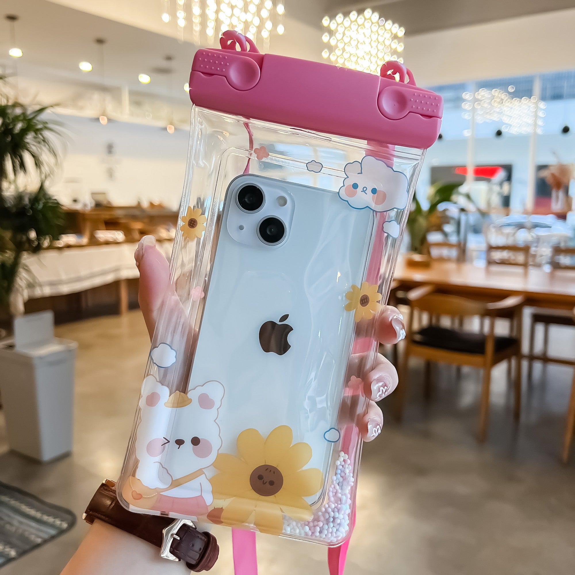Husa subacvatica Fruity Waterproof Flippy, Snowproof, Universala, Impermeabila, cu Snur, pentru telefon sau documente, Flower Bear, Roz