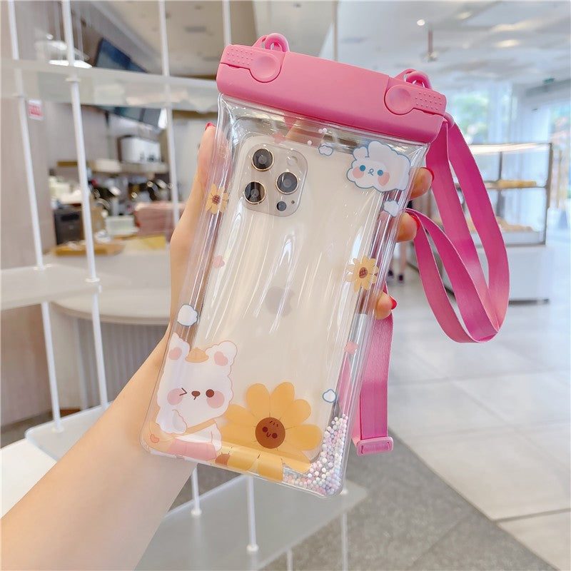 Husa subacvatica Fruity Waterproof Flippy, Snowproof, Universala, Impermeabila, cu Snur, pentru telefon sau documente, Flower Bear, Roz