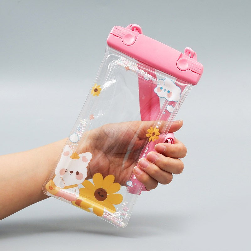 Husa subacvatica Fruity Waterproof Flippy, Snowproof, Universala, Impermeabila, cu Snur, pentru telefon sau documente, Flower Bear, Roz