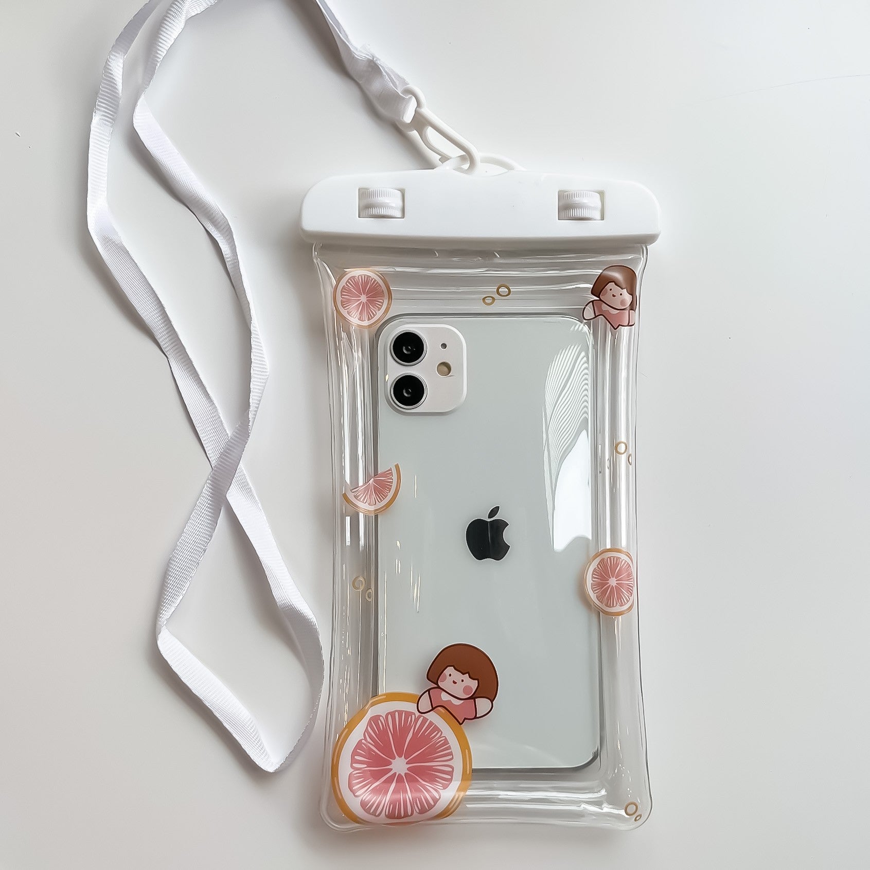 Husa subacvatica Kids Waterproof, Snowproof, Universala, cu Snur, pentru telefon sau documente, Grapefruit Girl, Alb