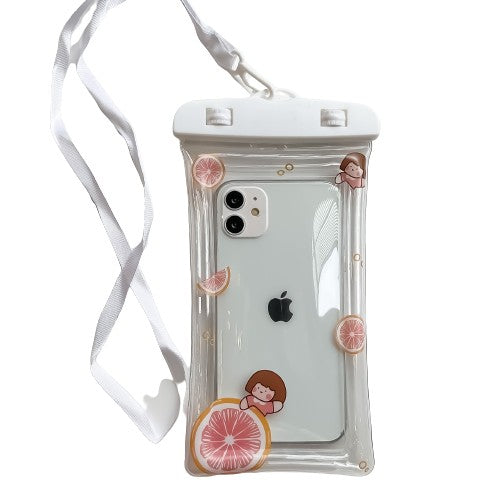 Husa subacvatica Kids Waterproof, Snowproof, Universala, cu Snur, pentru telefon sau documente, Grapefruit Girl, Alb