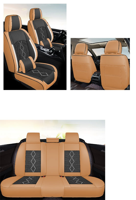 Huse auto premium 5 locuri Carguard Deluxe piele ecologică perforată și textil - maro caramel