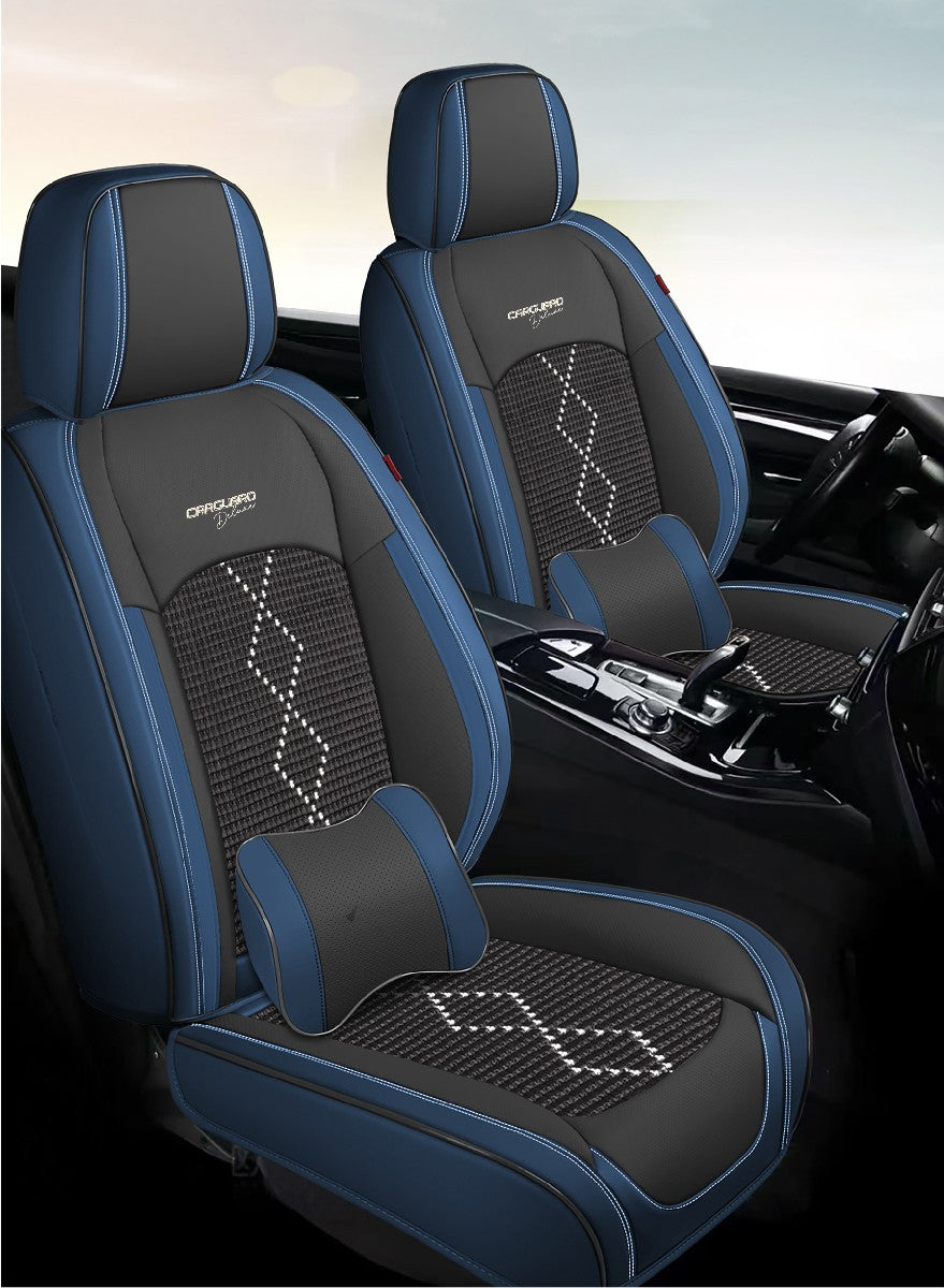 Huse auto premium 5 locuri Carguard Deluxe piele ecologică perforată și textil - negru - albastru închis