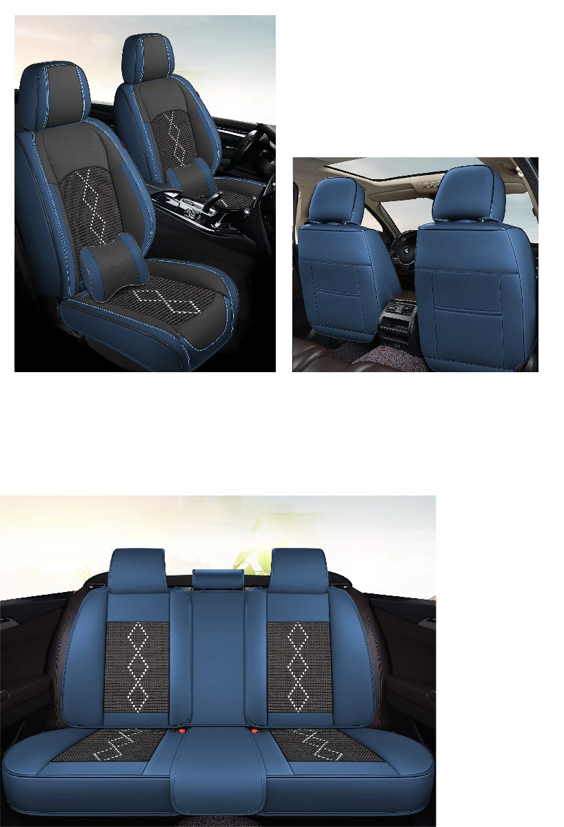 Huse auto premium 5 locuri Carguard Deluxe piele ecologică perforată și textil - negru - albastru închis