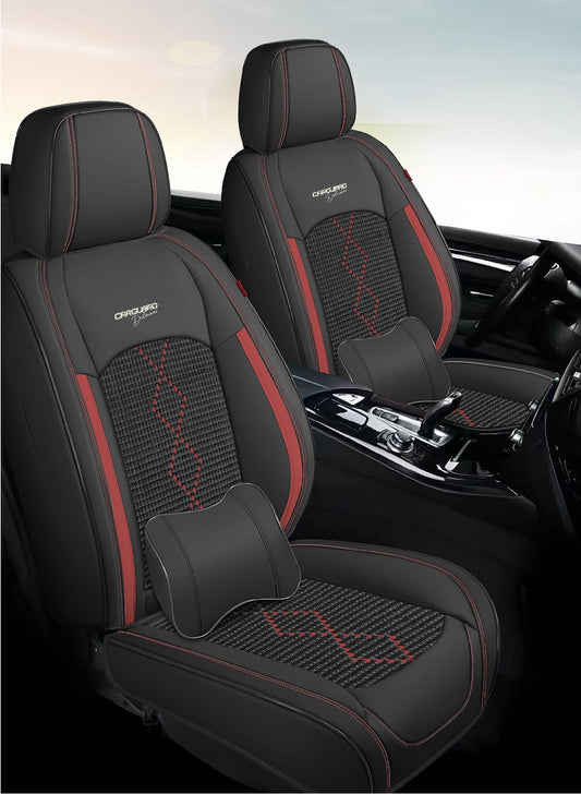 Huse auto premium 5 locuri Carguard Deluxe piele ecologică perforată și textil - negru - rosu închis