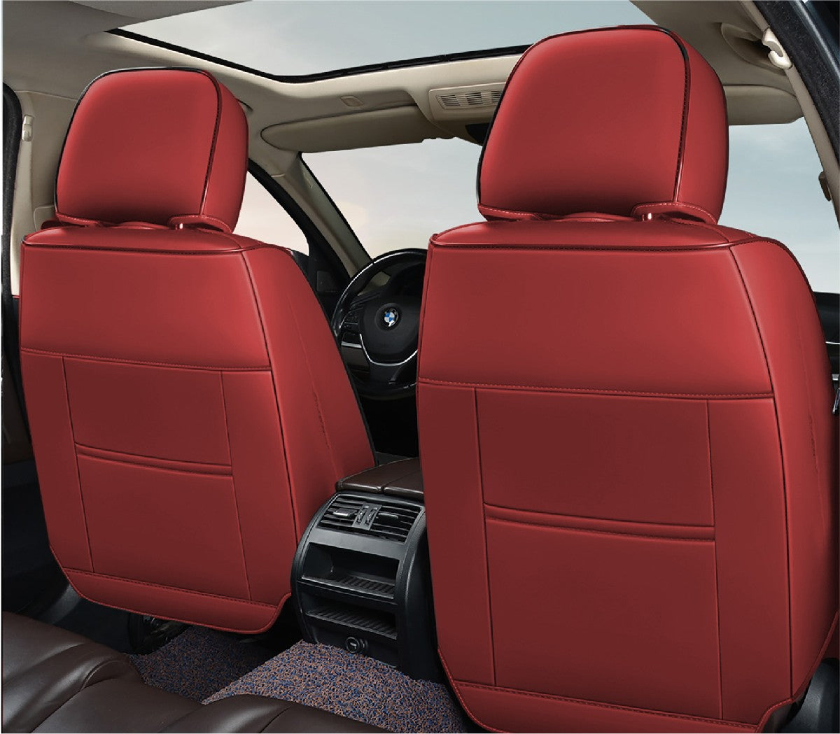 Huse auto premium 5 locuri Carguard Deluxe piele ecologică perforată și textil - roșu închis - negru