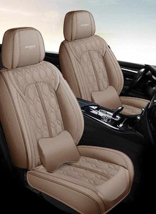 Huse auto premium 5 locuri Carguard Deluxe piele ecologică perforată - maro deschis - crem