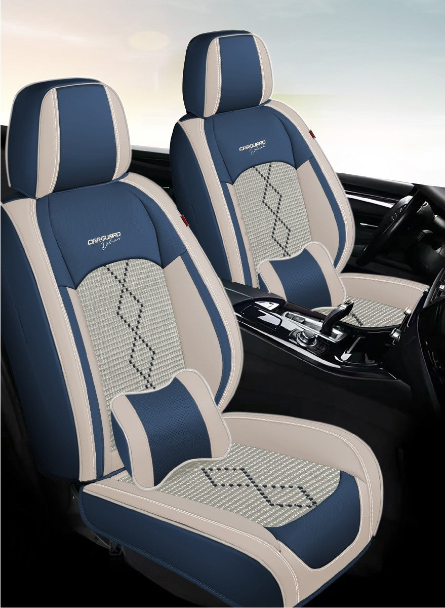 Huse auto premium 5 locuri Carguard Deluxe piele ecologică perforată și textil - albastru - alb