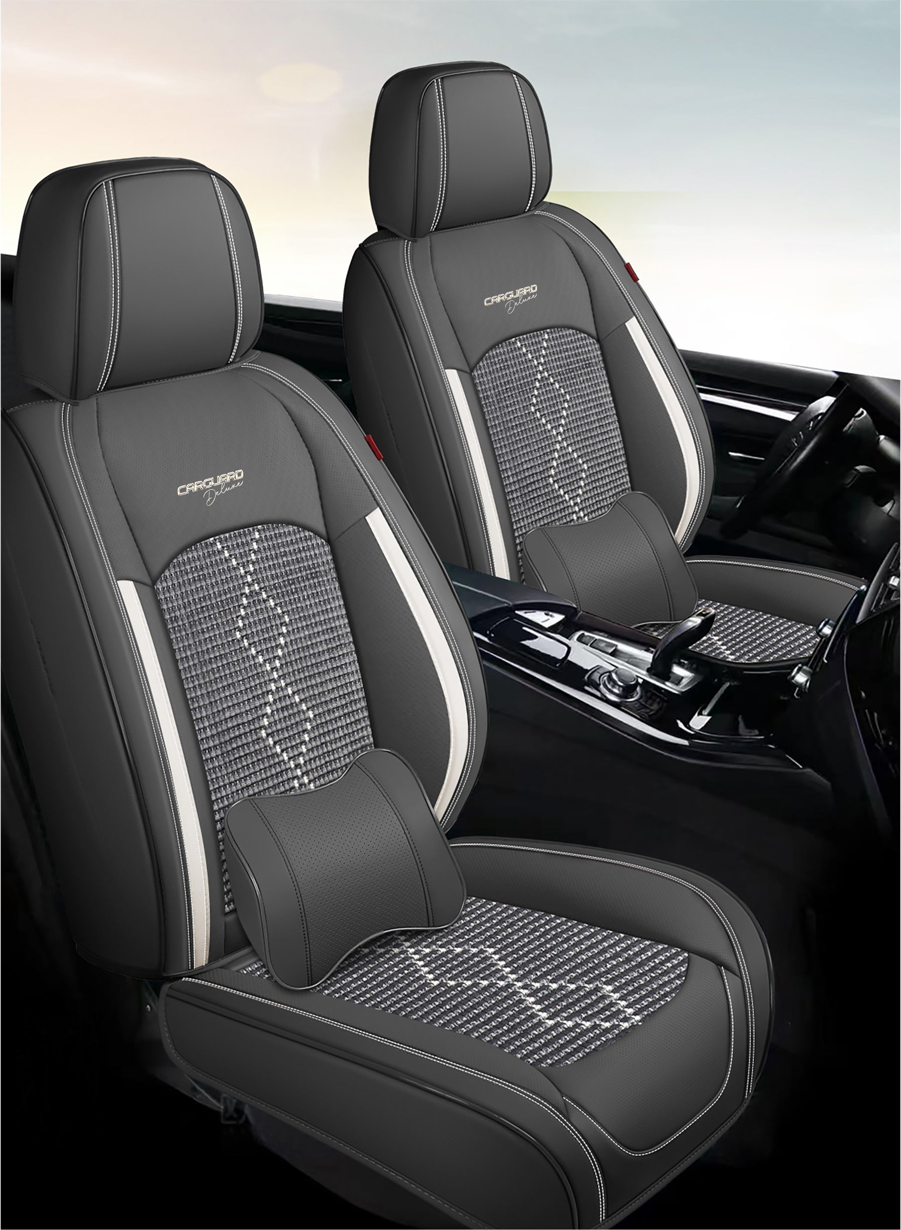 Huse auto premium 5 locuri Carguard Deluxe piele ecologică perforată și textil - negru - alb