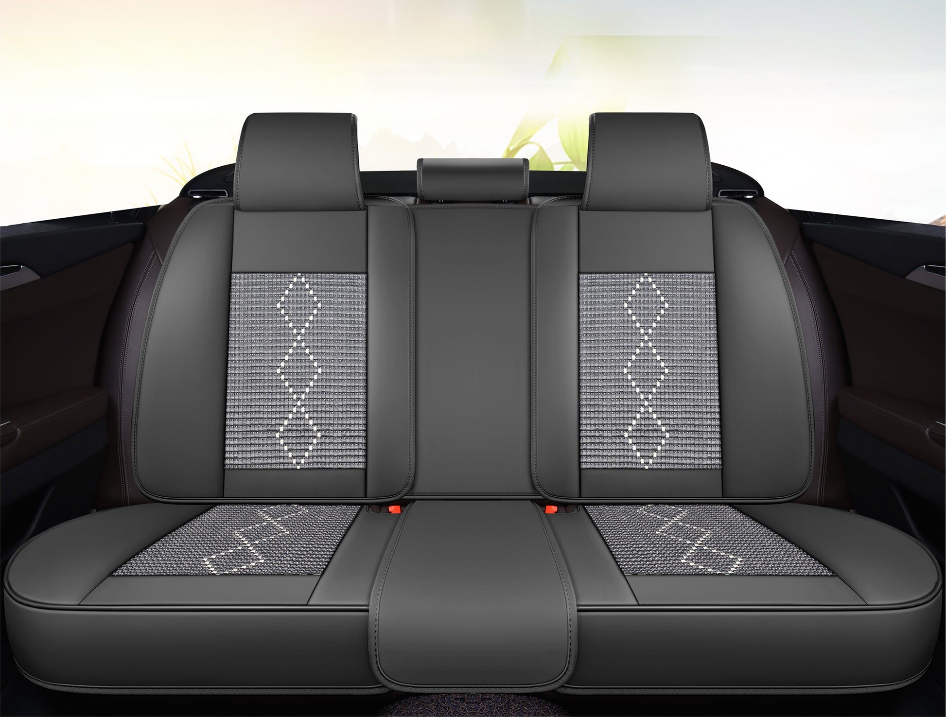 Huse auto premium 5 locuri Carguard Deluxe piele ecologică perforată și textil - negru - alb