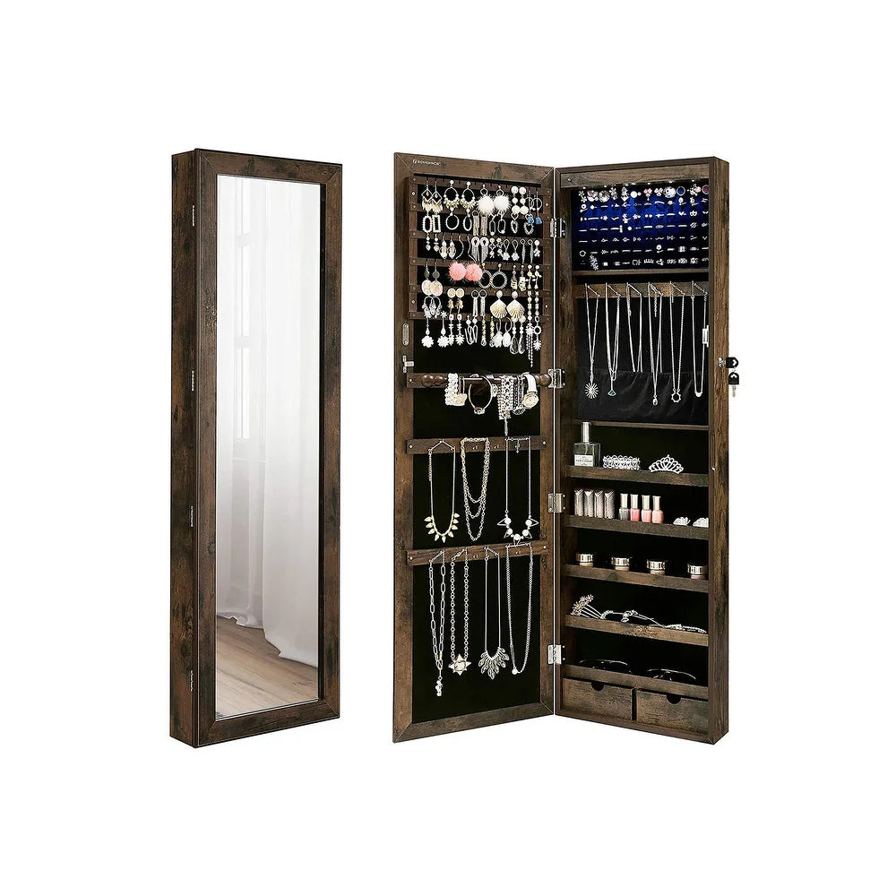 SONGMICS Dulap de bijuterii cu oglinda, din MDF, montare pe perete, 37x10x120 cm, maro rustic