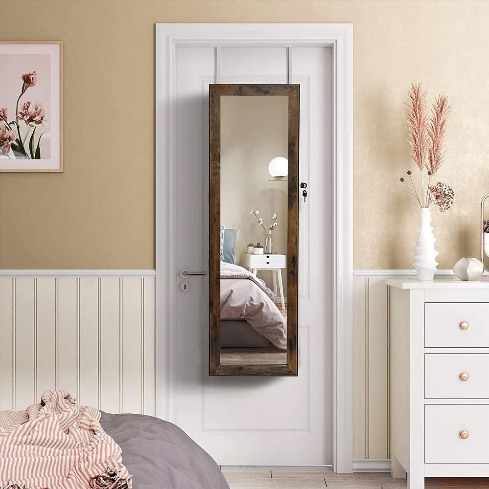 SONGMICS Dulap de bijuterii cu oglinda, din MDF, montare pe perete, 37x10x120 cm, maro rustic