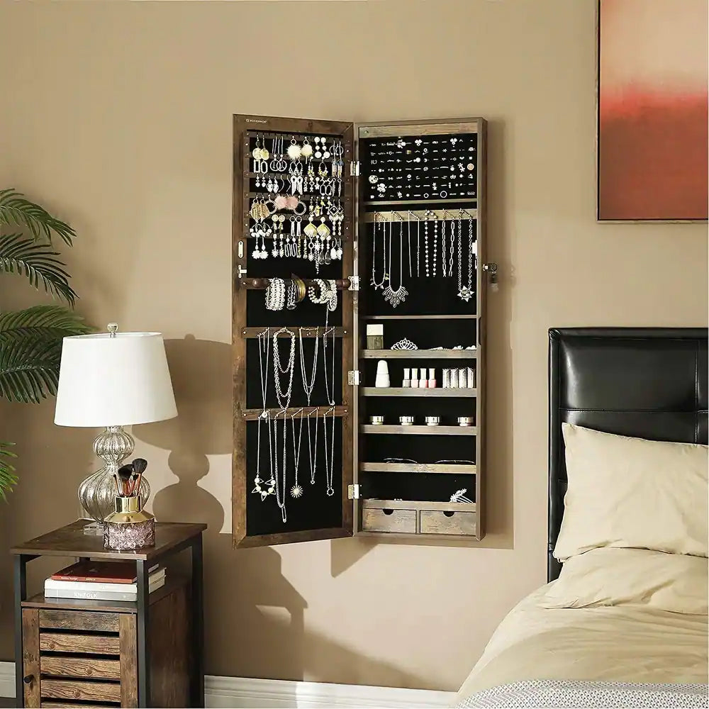 SONGMICS Dulap de bijuterii cu oglinda, din MDF, montare pe perete, 37x10x120 cm, maro rustic