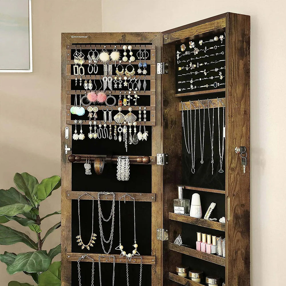SONGMICS Dulap de bijuterii cu oglinda, din MDF, montare pe perete, 37x10x120 cm, maro rustic