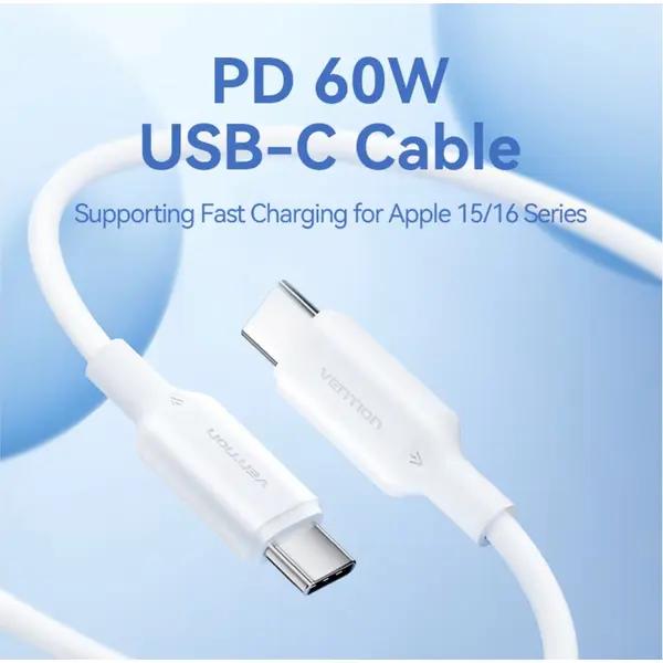 Cablu alimentare si date Vention, USB Type-C (T) la USB Type-C (T), 1m, 480 Mbps, 60W, PVC, alb, 