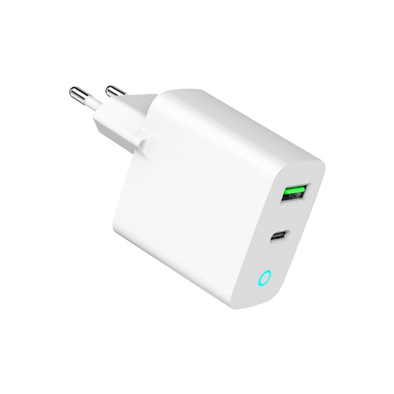 ALIMENTATOR retea 220V GEMBIRD, universal, 1 x USB Type-C D 20W, 1 x USB-A 3.0 QC 18W, indicator LED, alb, 