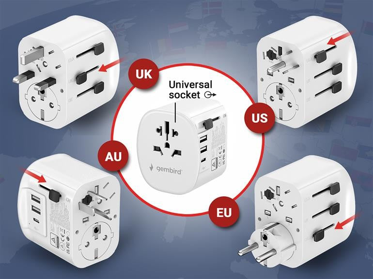 ADAPTOR GEMBIRD, universal, conectori: US/UK/EU/AU, 1x USB Type-C 15W, 2x USB-A 12W, siguranta 10A, max. 2300W, alb, "TPA-EU2A1C15-01-W"