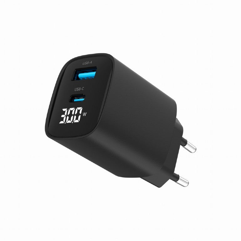 ALIMENTATOR retea 220V GEMBIRD, universal, 1 x USB Type-C D 30W, 1 x USB-A 3.0 QC 20W, LCD display, negru, "TA-UC-PDQC30LCD-BK-01"