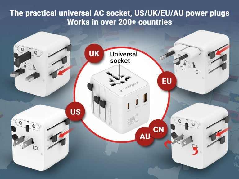 ADAPTOR GEMBIRD, universal, conectori: US/UK/EU/AU, 2x USB Type-C PD 20W, 1x USB-A QC 18W, siguranta 10A, max. 2500W, alb, "TPA-1A2C20-01-W"