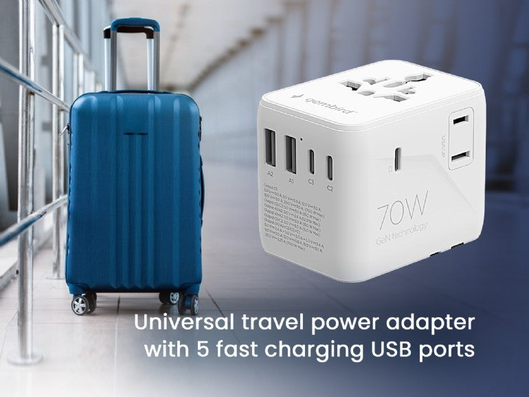 ADAPTOR GEMBIRD, universal, conectori: US/UK/EU/AU, 2x USB Type-C PD 70W, 2x USB-A 15W, siguranta 10A, max. 2500W, alb, "TPA-2A3C70-01-W"