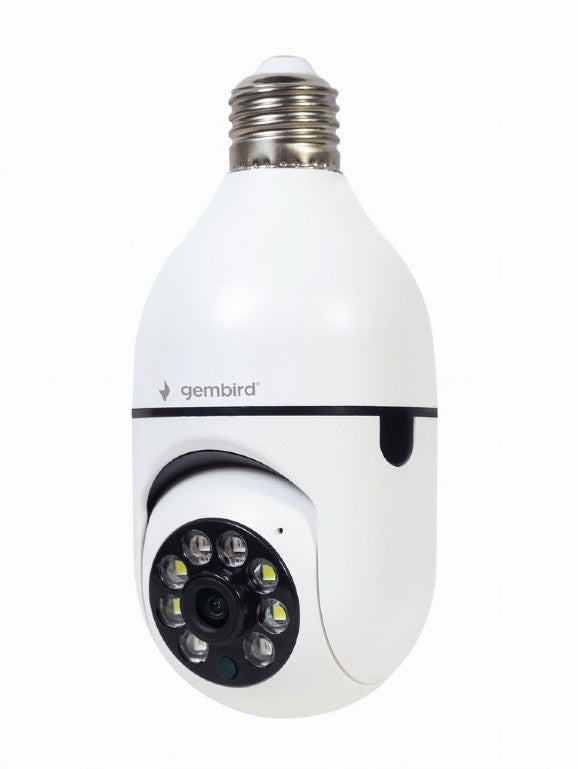 CAMERA IP GEMBIRD, pt. interior, CMOS 2 Mpx, lentile 3.6mm, wi-fi, rezolutie FullHD 1920x1080, video H.264 AVI, microfon, rotatie 355 gr, inclinare 120 gr, carcasa plastic, slot microSD card, Tuya, E27 socket, (timbru verde 0.8 lei)
