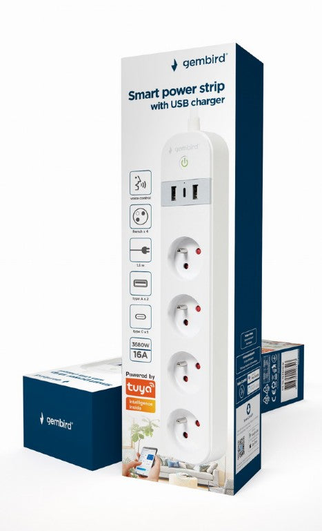 PRELUNGITOR GEMBIRD, Schuko x 4, WiFi, conectare prin Schuko (T) French, cablu 1.5 m, 16 A, 3680W, 2xUSB-A, 1xUSB-C 12W, compatibil Tuya, alb, "TSL-PS-F4U-01-W"