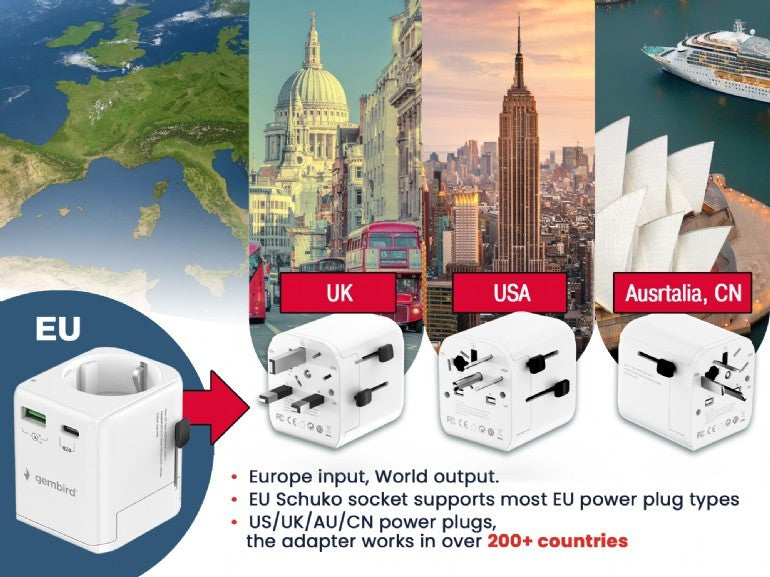 ADAPTOR GEMBIRD, universal, EU la conectori: US/UK/CN/AU, cu impamantare, 1x Schuko, 1x USB Type-C PD 20W, 1x USB-A QC 18W, siguranta 10A, max. 2500W, alb, "TPA-EU1A1C20-01-W"