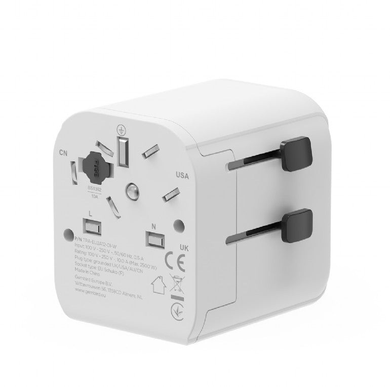 ADAPTOR GEMBIRD, universal, EU la conectori: US/UK/CN/AU, cu impamantare, 1x Schuko, 2x USB-A 12W, siguranta 10A, max. 2500W, alb, "TPA-EU2A12-01-W"