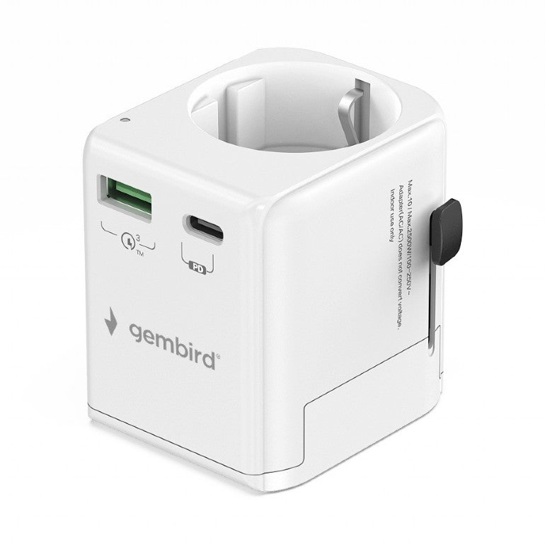 ADAPTOR GEMBIRD, universal, EU la conectori: US/UK/CN/AU, cu impamantare, 1x Schuko, 1x USB Type-C PD 20W, 1x USB-A QC 18W, siguranta 10A, max. 2500W, alb, "TPA-EU1A1C20-01-W"