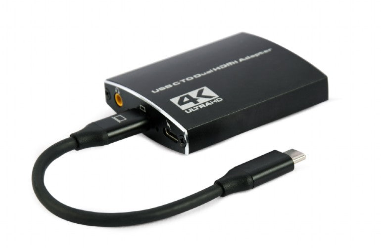 CABLU video GEMBIRD, adaptor USB 3.1 Type-C (T) la 2 x HDMI (M), 15cm, rezolutie maxima 4K UHD (3840 x 2160) la 30 Hz, iesire audio 3.5mm, negru, "A-CM-HDMIF2-01"