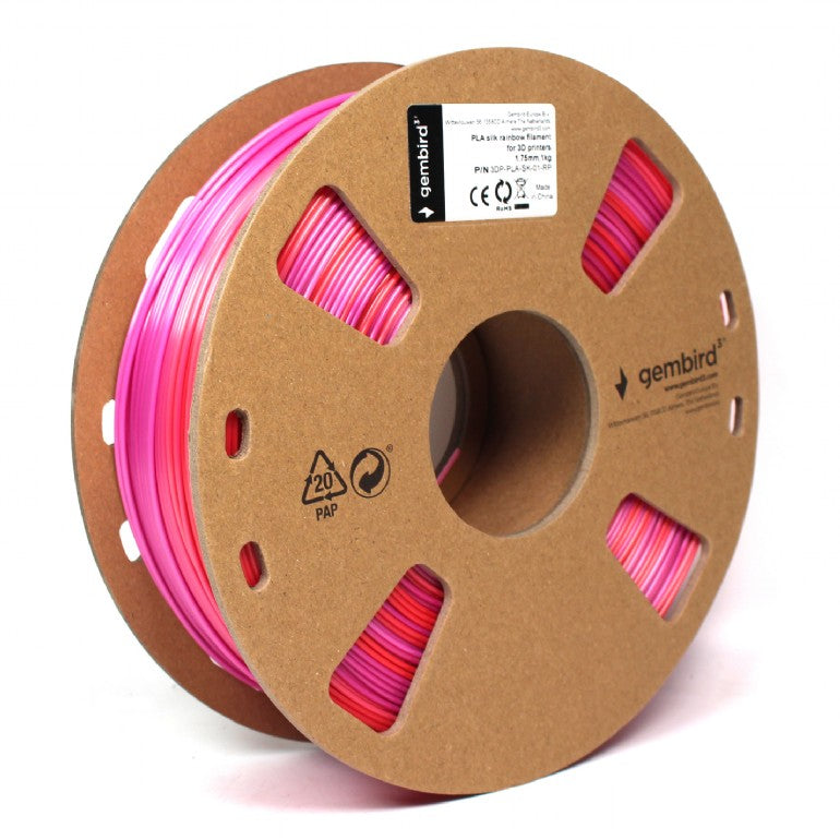 FILAMENT GEMBIRD pt. imprimanta 3d, PLA, 1.75mm diamentru, 1Kg / bobina, aprox. 340m, topire 190-220 grC, "Silk Rainbow", red/purple, "3DP-PLA-SK-01-RP"