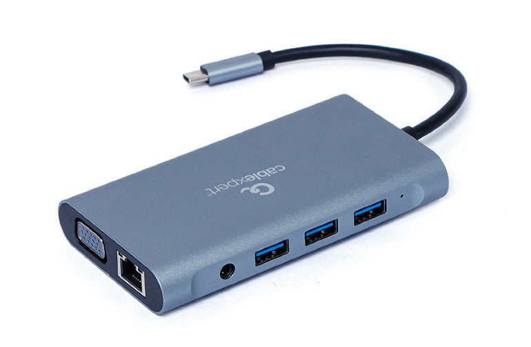 DOCKING Station Gembird universal, 7-in-1, conec PC USB Type C, USB-Cx1, USB-A 3.1x3, porturi video HDMIx1, VGAx1, RJ45x1,PD 100 W, SD,microSD,Audio,argintiu, 