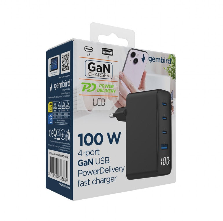 ALIMENTATOR retea 220V GEMBIRD, universal, 1 x USB-A QC3.0 + 3 x USB-C 3A , max. 100W PD GaN, LCD, protectie: scurtcircuit, supraincarcare, supratensiune, supraincalzire, negru, "TA-UC-PDQC100LCD-01-BK"