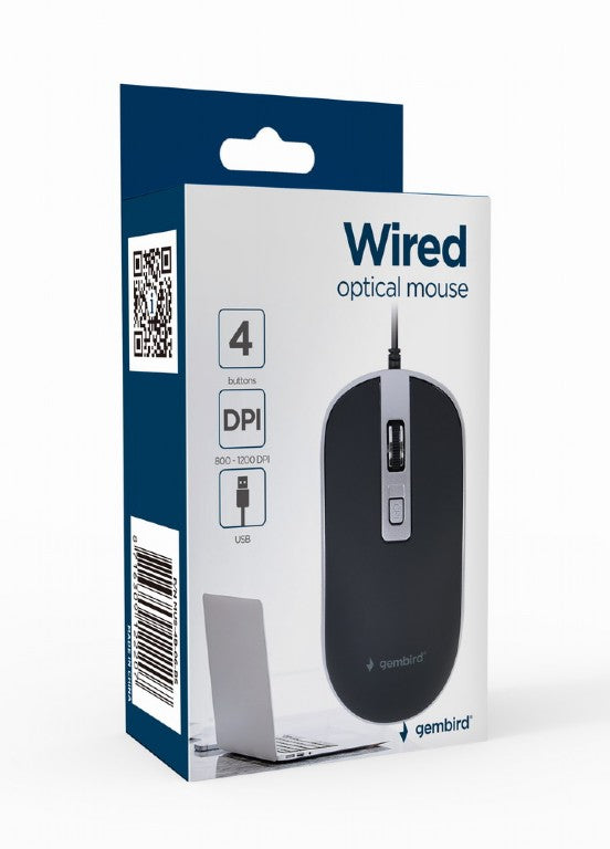MOUSE GEMBIRD, PC sau NB, cu fir, USB, optic, 1200 dpi, butoane/scroll 4/1, cablu 1.35m, negru-argintiu, "MUS-4B-06-BS"