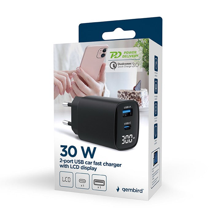 ALIMENTATOR retea 220V GEMBIRD, universal, 1 x USB Type-C D 30W, 1 x USB-A 3.0 QC 20W, LCD display, negru, "TA-UC-PDQC30LCD-BK-01"