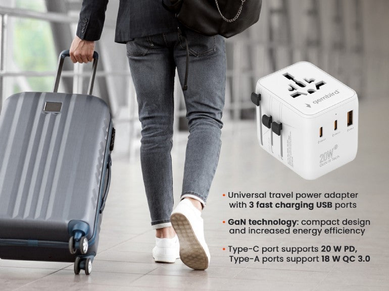 ADAPTOR GEMBIRD, universal, conectori: US/UK/EU/AU, 2x USB Type-C PD 20W, 1x USB-A QC 18W, siguranta 10A, max. 2500W, alb, "TPA-1A2C20-01-W"