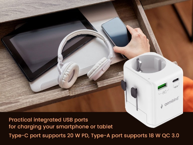ADAPTOR GEMBIRD, universal, EU la conectori: US/UK/CN/AU, cu impamantare, 1x Schuko, 1x USB Type-C PD 20W, 1x USB-A QC 18W, siguranta 10A, max. 2500W, alb, "TPA-EU1A1C20-01-W"