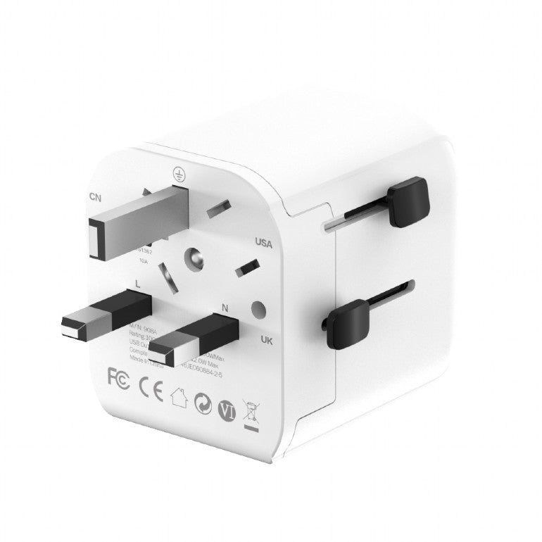 ADAPTOR GEMBIRD, universal, EU la conectori: US/UK/CN/AU, cu impamantare, 1x Schuko, 2x USB-A 12W, siguranta 10A, max. 2500W, alb, "TPA-EU2A12-01-W"