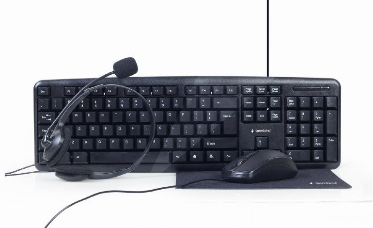 KIT wired GEMBIRD, 4-in1 desktop, tastatura 104 taste + mouse optic 1000dpi 3 butoane rotita scroll + casti cu mic + pad 220x180mm, black "KBS-UO4-01"