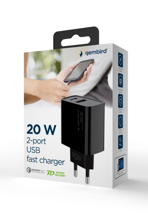 ALIMENTATOR retea 220V GEMBIRD, universal, 1 x USB-A QC3.0 + 1 x USB-C 3A , max. 20W PD, protectie: scurtcircuit, supraincarcare, supratensiune, supraincalzire, negru, "TA-UC-PDQC20-01-BK"
