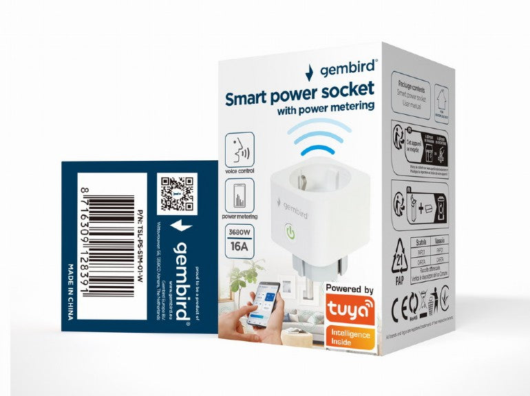PRELUNGITOR GEMBIRD, Schuko x 1, WiFi, conectare prin Schuko (T), 16 A, 3680W, compatibil Tuya, alb, "TSL-PS-S1M-01-W"