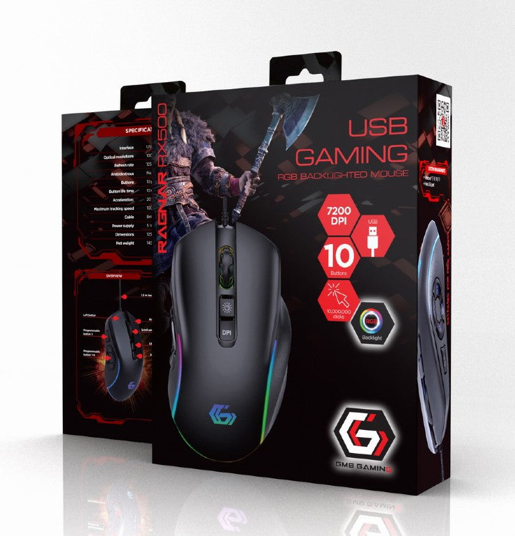 MOUSE GEMBIRD, gaming, cu fir, USB, optic, 7200 dpi, butoane/scroll 10/1, iluminare, cablu 1.8m, negru, "MUSG-RAGNAR-RX500"