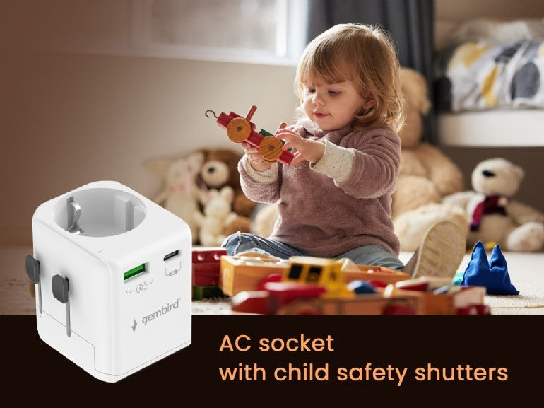 ADAPTOR GEMBIRD, universal, EU la conectori: US/UK/CN/AU, cu impamantare, 1x Schuko, 1x USB Type-C PD 20W, 1x USB-A QC 18W, siguranta 10A, max. 2500W, alb, "TPA-EU1A1C20-01-W"