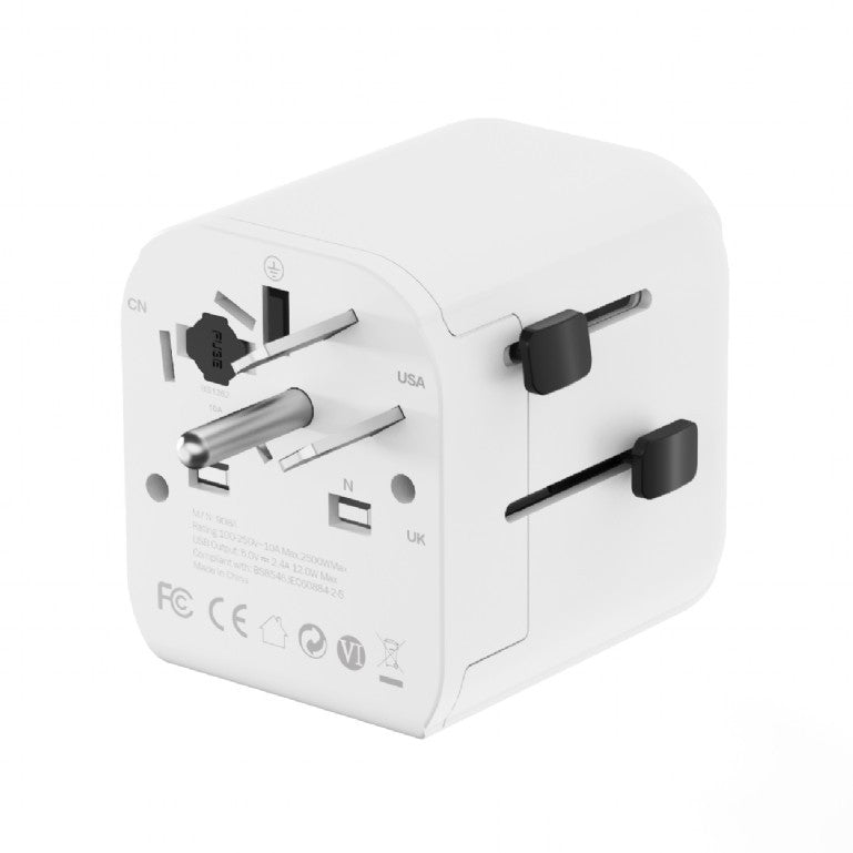 ADAPTOR GEMBIRD, universal, EU la conectori: US/UK/CN/AU, cu impamantare, 1x Schuko, 2x USB-A 12W, siguranta 10A, max. 2500W, alb, "TPA-EU2A12-01-W"