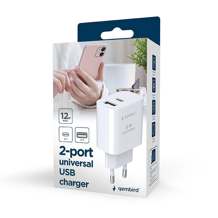 ALIMENTATOR retea 220V GEMBIRD, universal, 1 x USB Type-C 2.4A , 1 x USB-A maxim 2.4A, protectie: scurtcircuit, supraincarcare, alb, "TA-UC-2AC12-01"