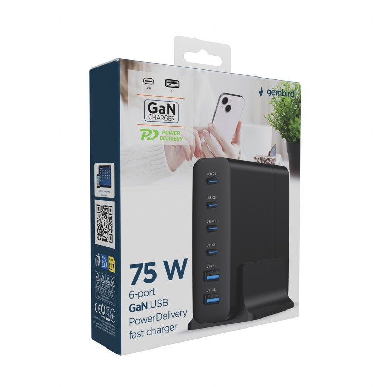 ALIMENTATOR retea 220V GEMBIRD, universal, 2 x USB-A + 4 x USB-C 3A , max. 75W PD GaN, protectie: scurtcircuit, supraincarcare, supratensiune, supraincalzire, cablu 1.5m, negru, "TA-UC-2A4C-PD75-01-BK"