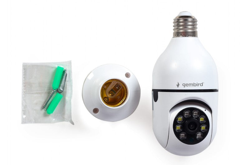 CAMERA IP GEMBIRD, pt. interior, CMOS 2 Mpx, lentile 3.6mm, wi-fi, rezolutie FullHD 1920x1080, video H.264 AVI, microfon, rotatie 355 gr, inclinare 120 gr, carcasa plastic, slot microSD card, Tuya, E27 socket, (timbru verde 0.8 lei)
