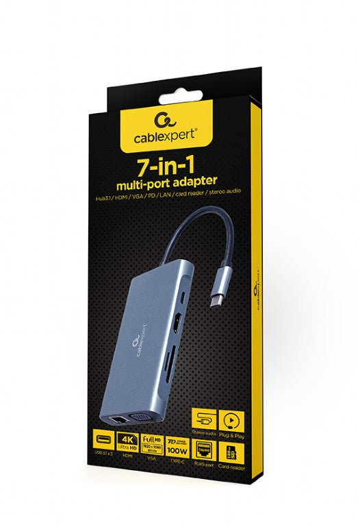 DOCKING Station Gembird universal, 7-in-1, conec PC USB Type C, USB-Cx1, USB-A 3.1x3, porturi video HDMIx1, VGAx1, RJ45x1,PD
