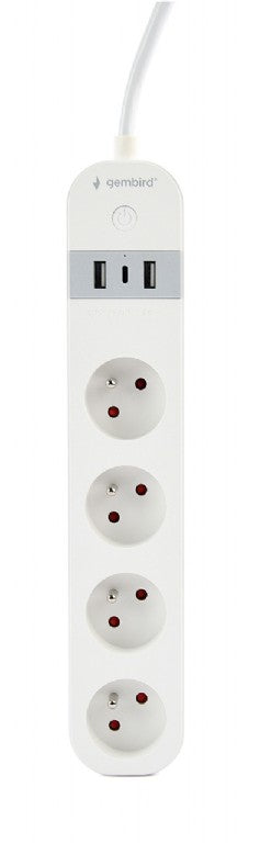 PRELUNGITOR GEMBIRD, Schuko x 4, WiFi, conectare prin Schuko (T) French, cablu 1.5 m, 16 A, 3680W, 2xUSB-A, 1xUSB-C 12W, compatibil Tuya, alb, "TSL-PS-F4U-01-W"
